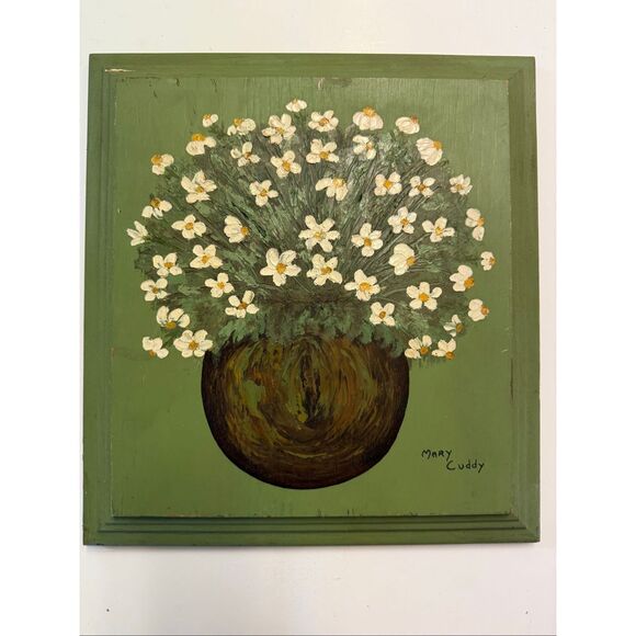 Vintage Mary Cuddy Home Green Multi Flowers in a Pot Painting Signed OS - Picture 1 of 3